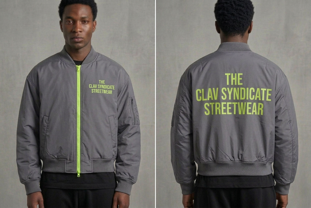 Grå C.L.A.V Syndicate-bomber med neongrön dragkedja och text, på modell fram och bak