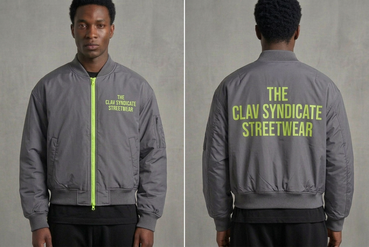 Grå C.L.A.V Syndicate-bomber med neongrön dragkedja och text, på modell fram och bak
