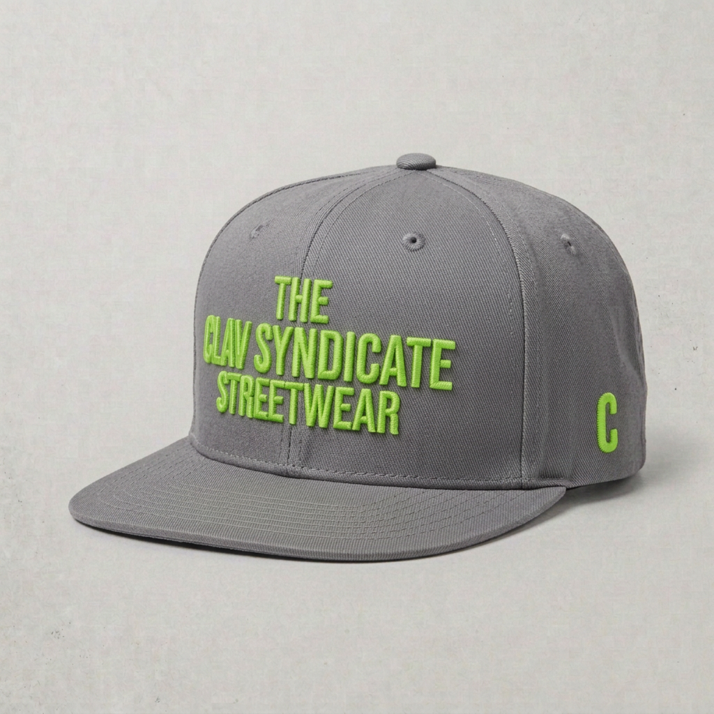 Grå C.L.A.V Syndicate-snapback med neongrön 3D-brodyr och C på sidan