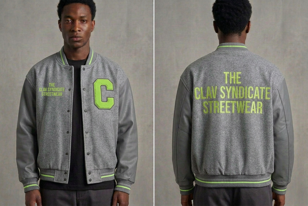 Gråmelerad C.L.A.V Syndicate-basebolljacka med neongrönt C på vänster bröst och text på höger, fram och bak