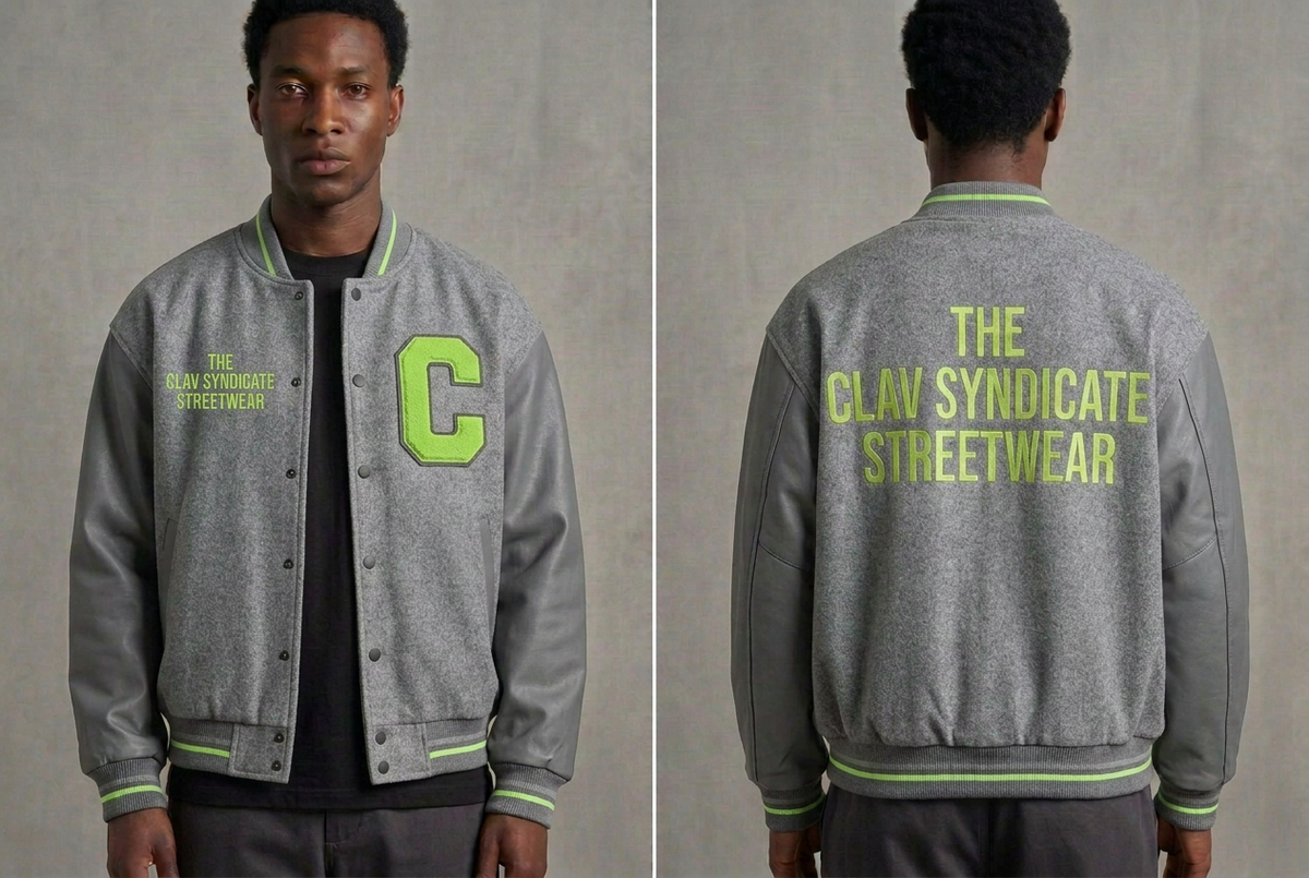 Gråmelerad C.L.A.V Syndicate-basebolljacka med neongrönt C på vänster bröst och text på höger, fram och bak