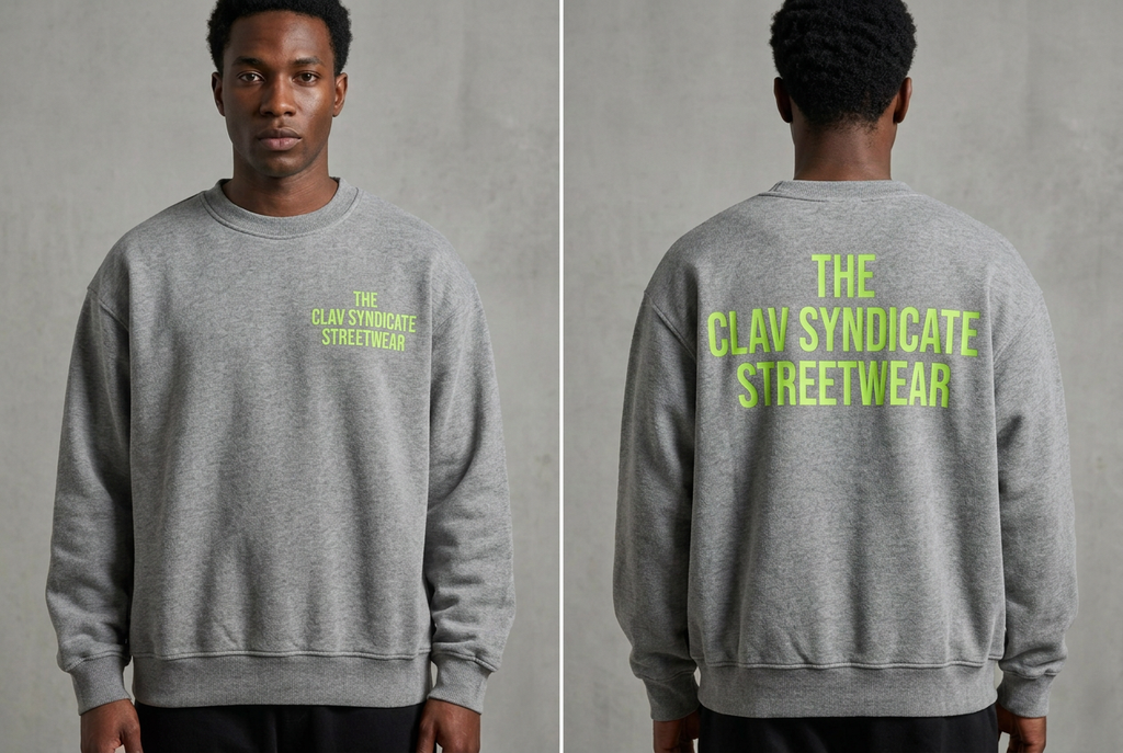 Gråmelerad C.L.A.V Syndicate-crewneck på modell, närbild fram och bak med neongrön text