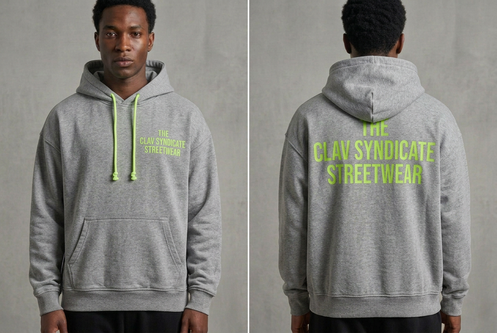 Gråmelerad C.L.A.V Syndicate-hoodie med neongröna snören och text, närbild fram och bak på modell