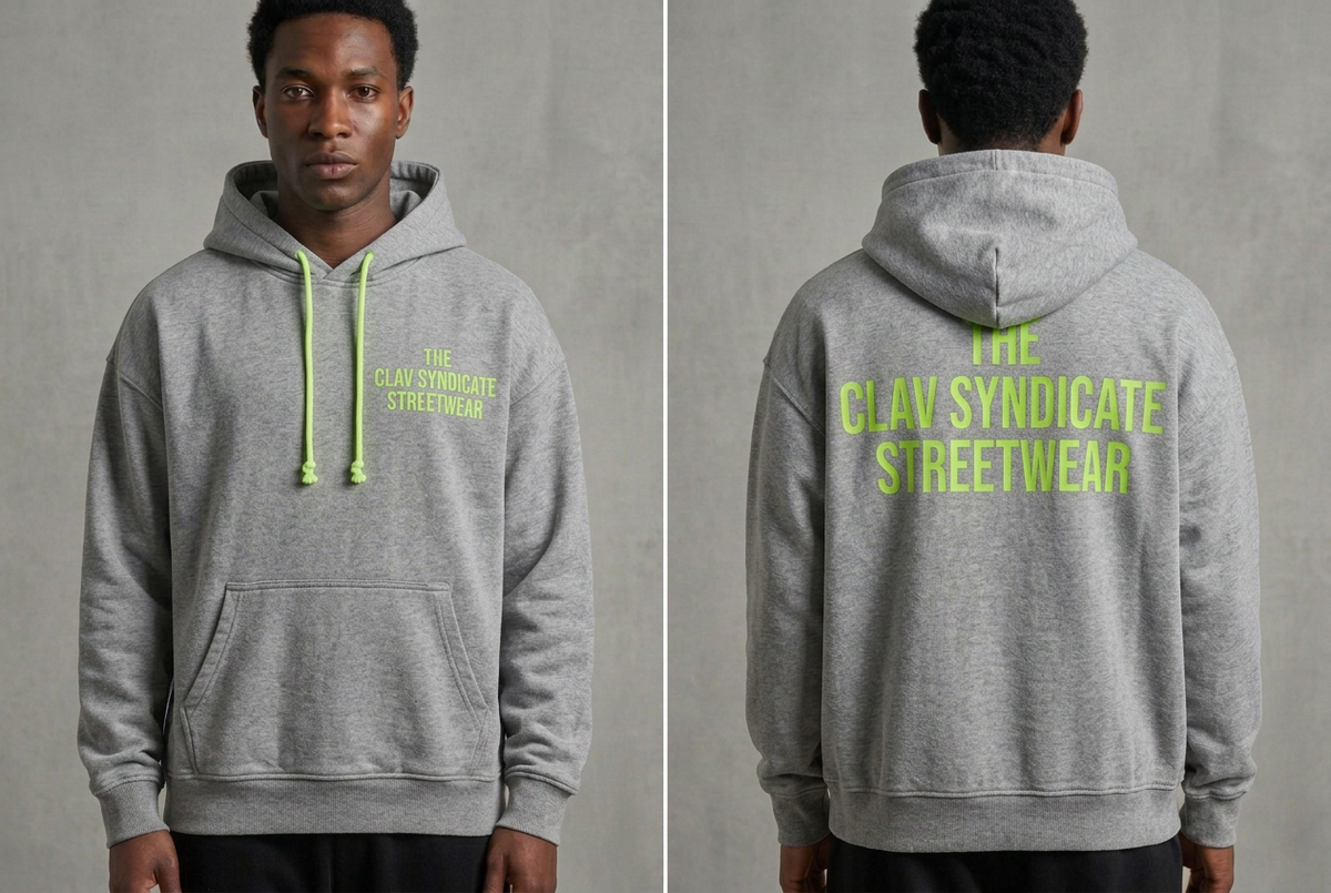 Gråmelerad C.L.A.V Syndicate-hoodie med neongröna snören och text, närbild fram och bak på modell