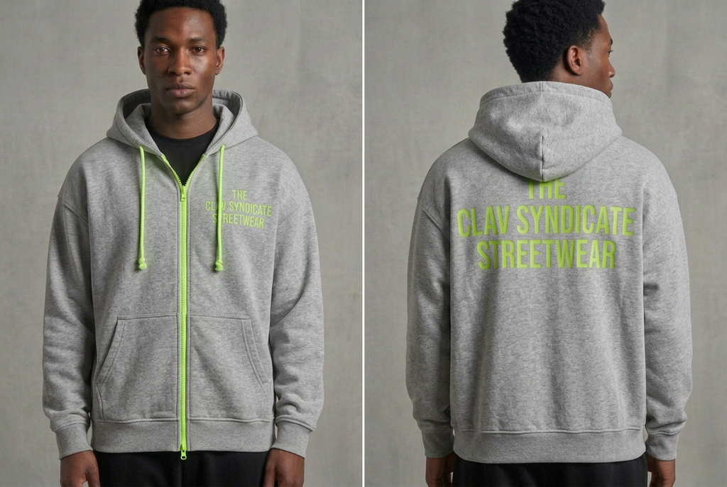 Gråmelerad C.L.A.V Syndicate-zip-hoodie med neongrön dragkedja, snören och text, på modell fram och bak
