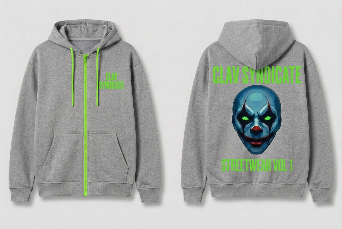Grey CLAV Syndicate full-zip hoodie mockup with neon-green branding and the original green-eyed clown