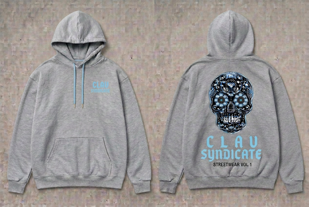 CLAV Syndicate Floral Calavera Pullover Hoodie - Heather Grey / Light Blue