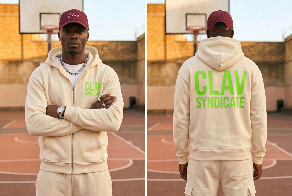 Cream CLAV SYNDICATE zip hoodie with neon-green lettering, front and back on a model wearing a burgundy cap, chain, watch and rings