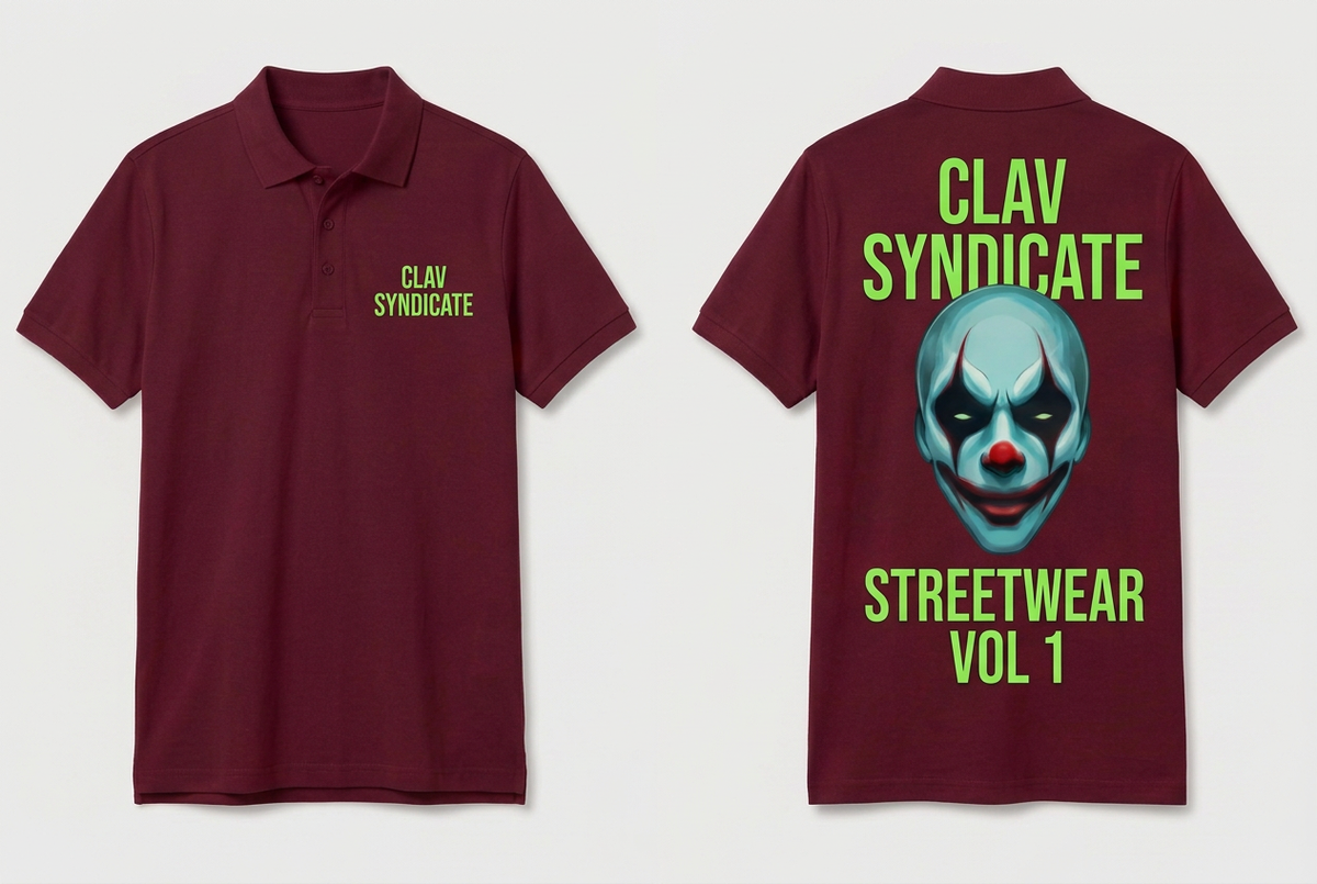 CLAV Syndicate Clown Tennis Polo - Burgundy / Neon Green - Plain Trim