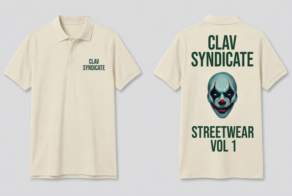 CLAV Syndicate Clown Tennis Polo - Cream White / Forest Green - Plain Trim