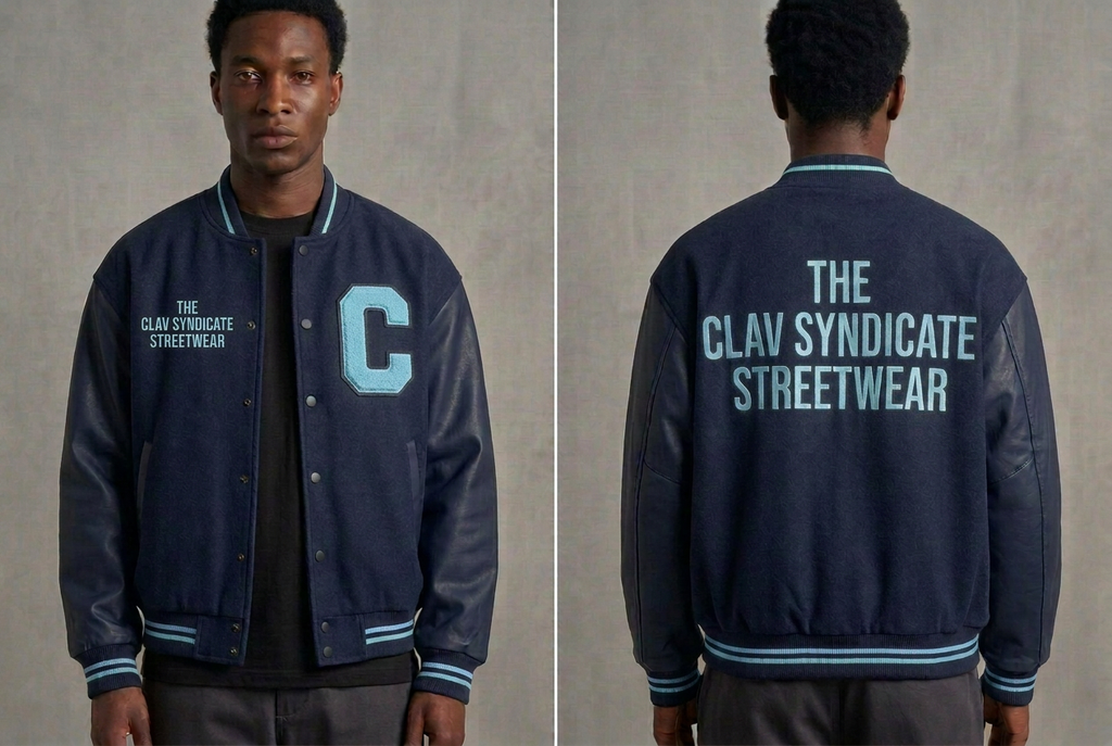 Mörkblå C.L.A.V Syndicate-basebolljacka med ljusblått C, text och ribbdetaljer, fram och bak