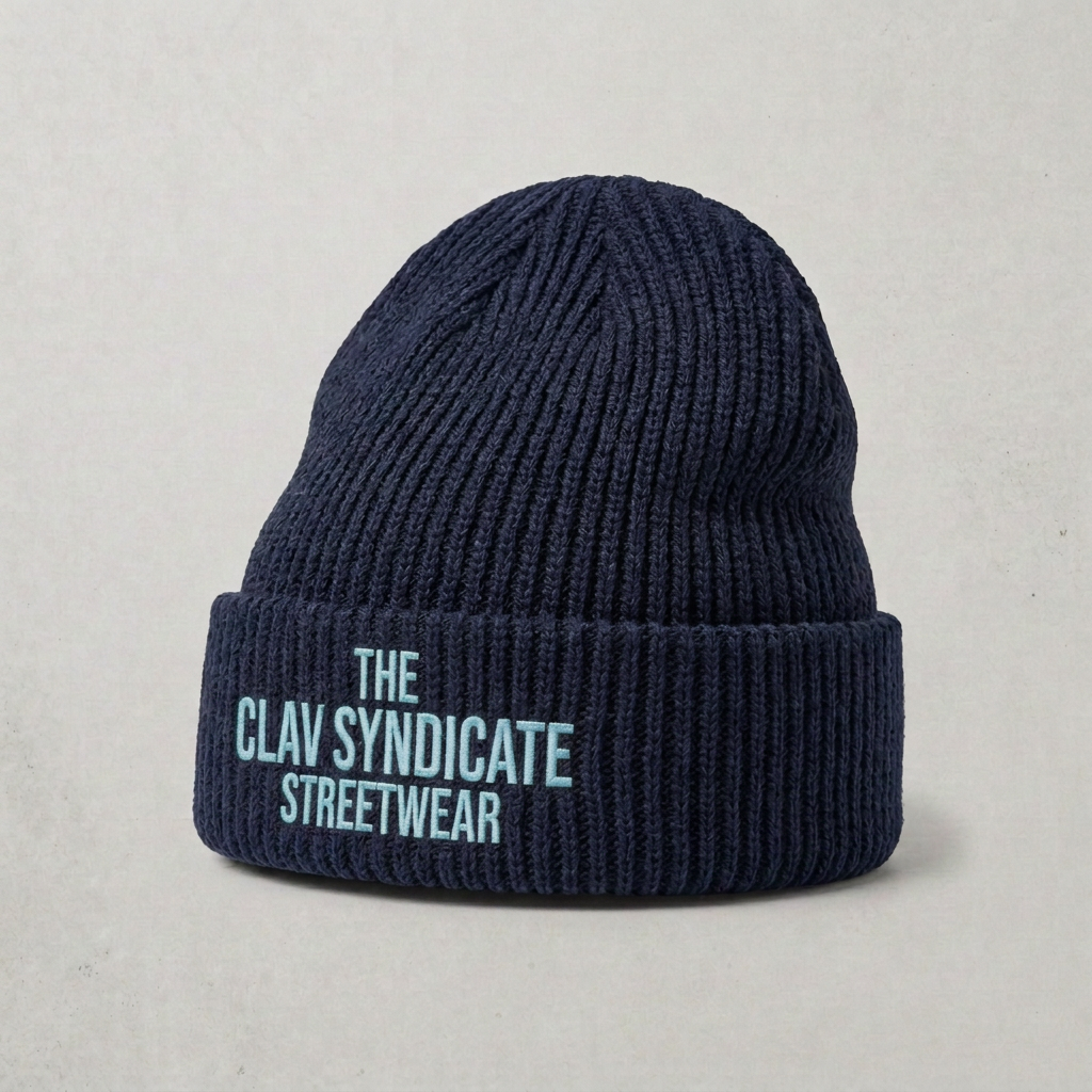 Mörkblå C.L.A.V Syndicate-beanie med ljusblå brodyr
