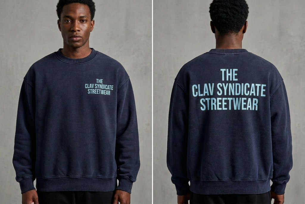 Mörkblå C.L.A.V Syndicate-crewneck med ljusblå text, närbild fram och bak på modell