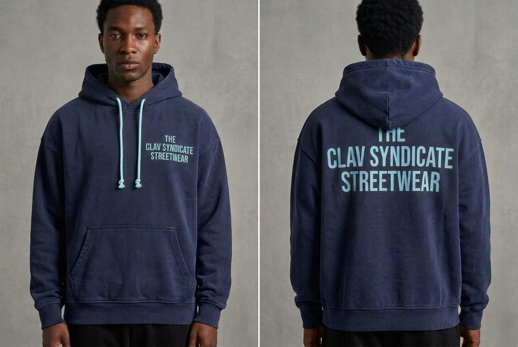 Mörkblå C.L.A.V Syndicate-hoodie med ljusblå text och snören, fram och bak på modell