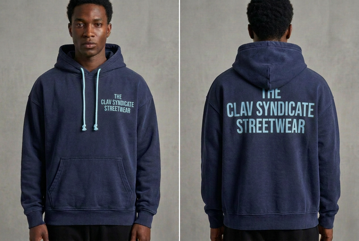 Mörkblå C.L.A.V Syndicate-hoodie med ljusblå text och snören, fram och bak på modell