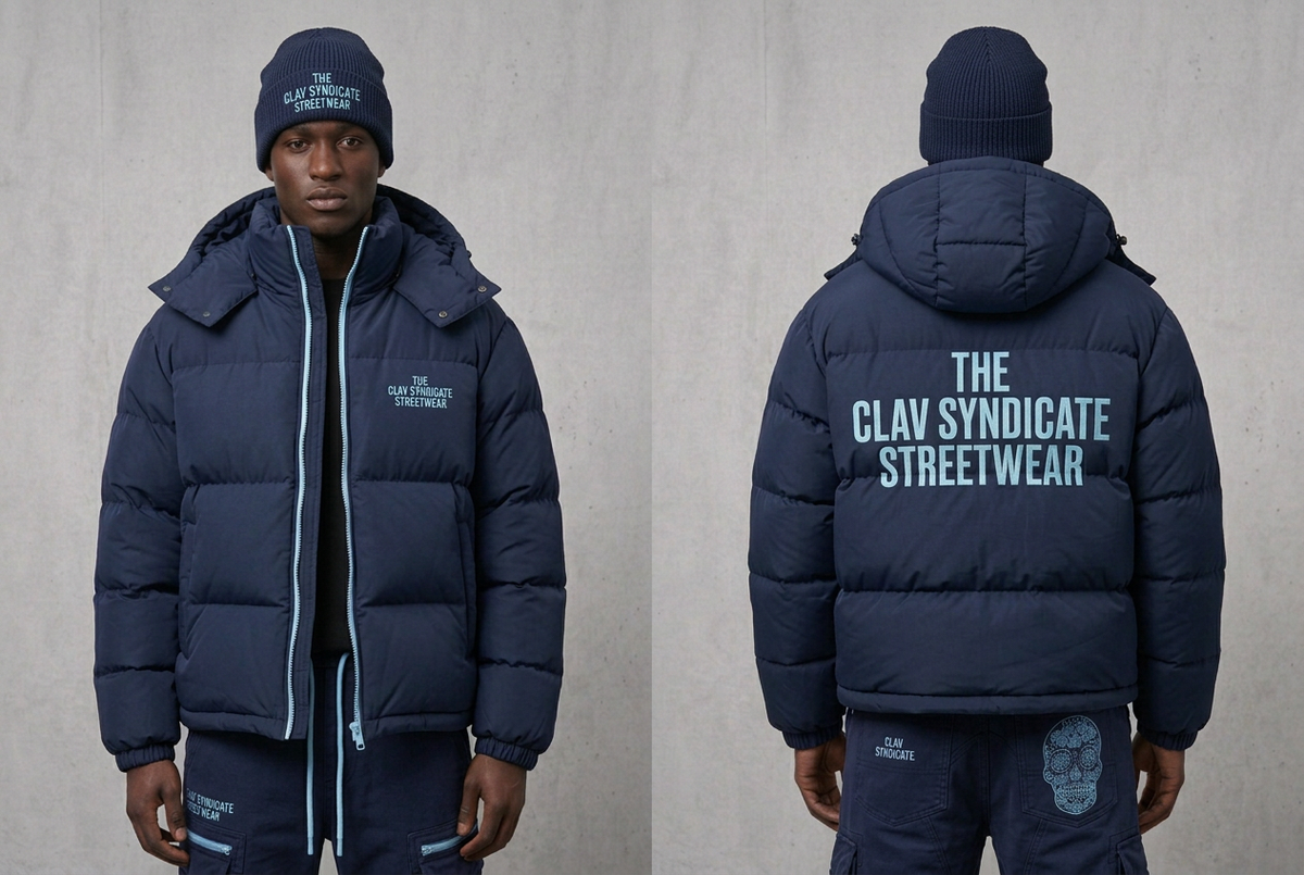 Mörkblå C.L.A.V Syndicate-puffer med matchande mössa och cargos, ljusblå text och detaljer, fram och bak på modell