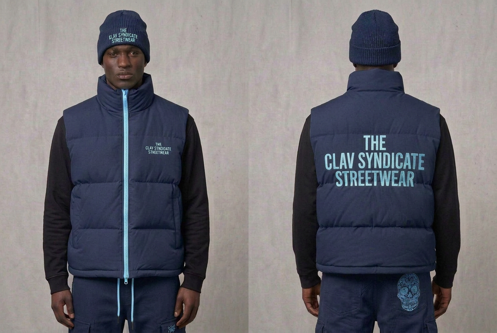 Mörkblå C.L.A.V Syndicate-pufferväst med matchande cargos och mössa, alla accentdetaljer i ljusblått, fram och bak