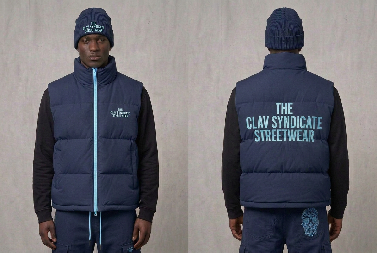 Mörkblå C.L.A.V Syndicate-pufferväst med matchande cargos och mössa, alla accentdetaljer i ljusblått, fram och bak