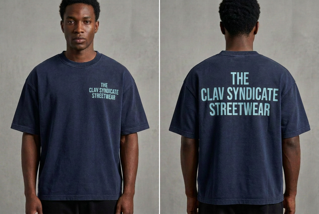 Mörkblå C.L.A.V Syndicate-T-shirt med ljusblå text, närbild fram och bak på modell