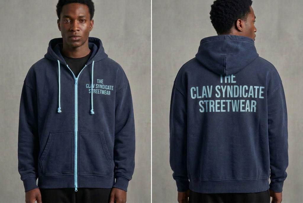 Mörkblå C.L.A.V Syndicate-zip-hoodie med ljusblå text, dragkedja och snören, fram och bak på modell