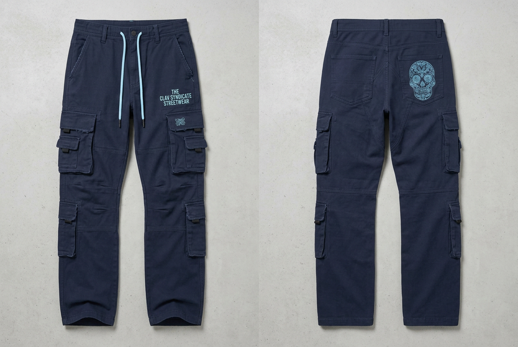 Mörkblå råa C.L.A.V Syndicate-cargos med ljusblå text, midjesnören och calavera, fram och bak