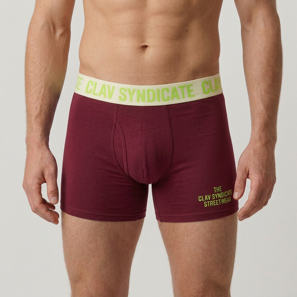 Närbild på burgundy nr 1 C.L.A.V Syndicate-boxers med cremevit linning och neongrön text