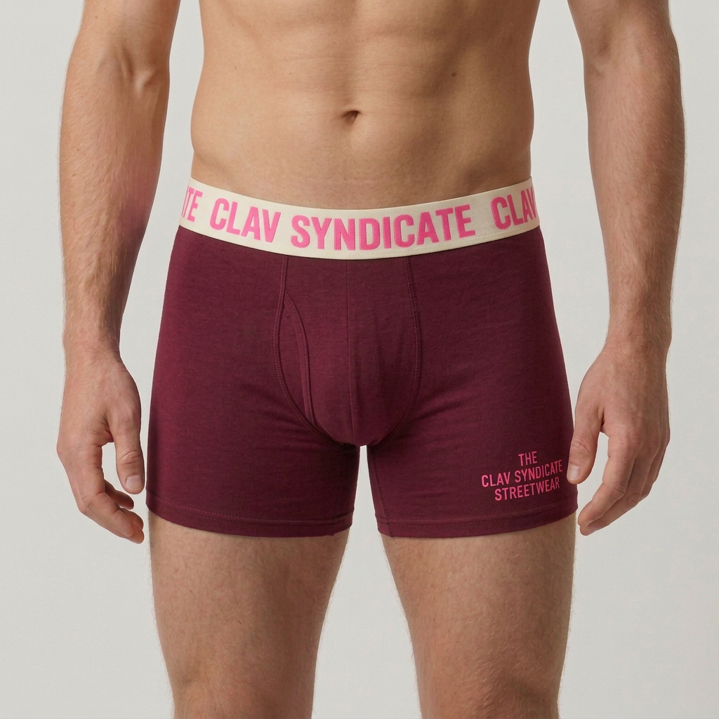 Närbild på burgundy nr 2 C.L.A.V Syndicate-boxers med cremevit linning och neonrosa text