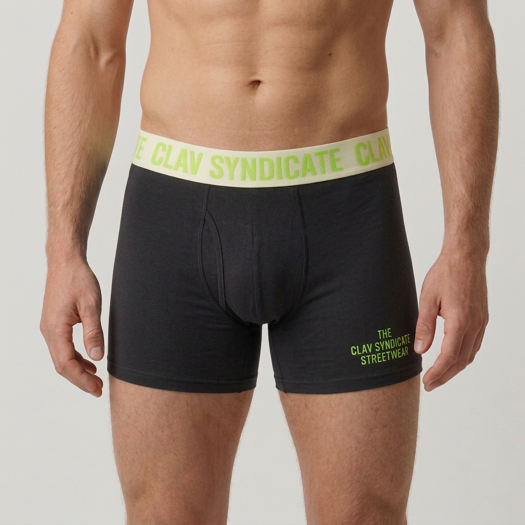 Närbild på charcoal/svarta C.L.A.V Syndicate-boxers med cremevit linning och neongrön text