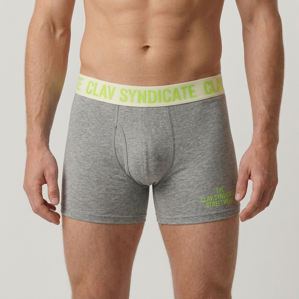 Närbild på gråmelerade C.L.A.V Syndicate-boxers med cremevit linning och neongrön text
