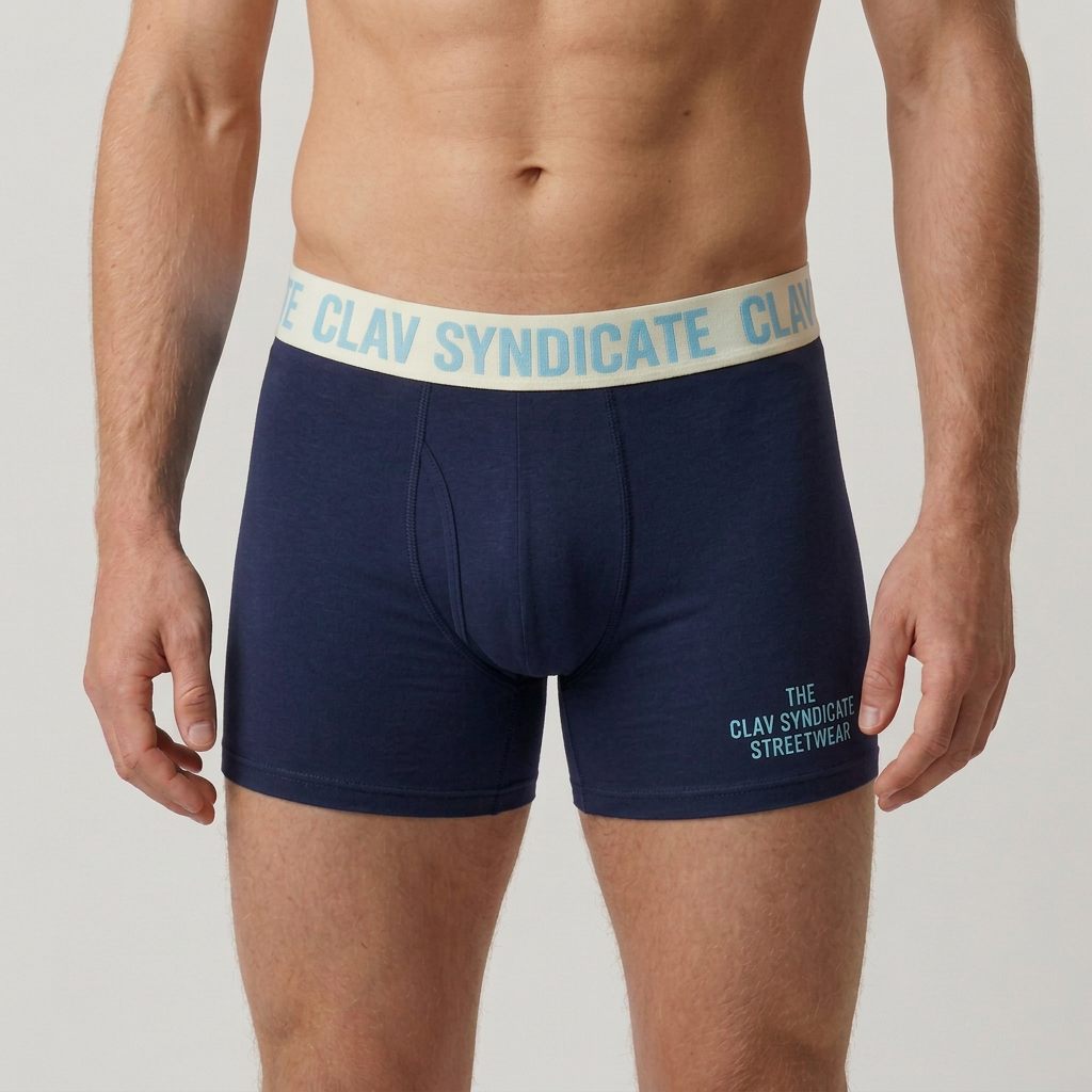 Närbild på mörkblå C.L.A.V Syndicate-boxers med cremevit linning och ljusblå text