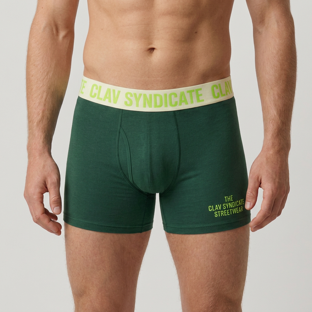 Närbild på skogsgröna C.L.A.V Syndicate-boxers med cremevit linning och neongrön text