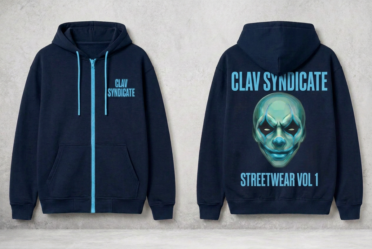 Navy CLAV Syndicate full-zip hoodie mockup with light-blue branding, a larger clown and text underneath