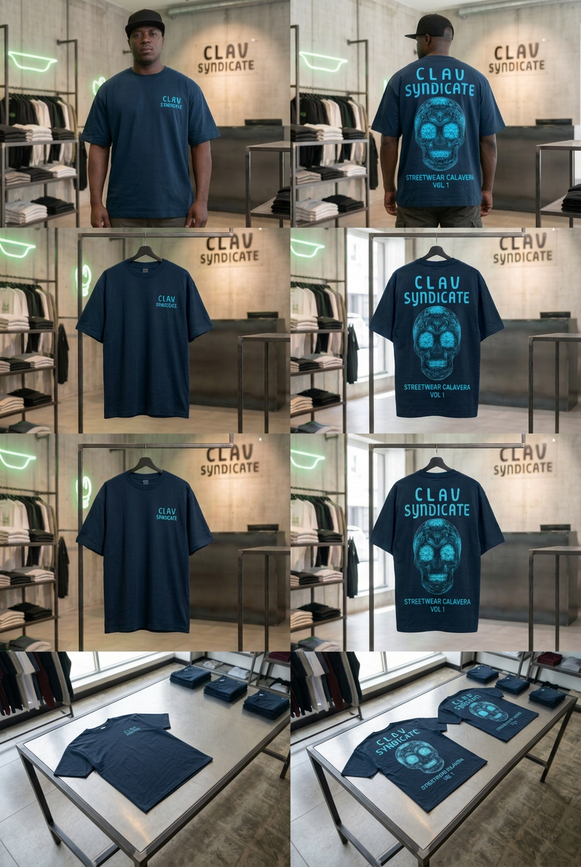 CLAV Syndicate Floral Calavera T-Shirt - Navy / Light Blue