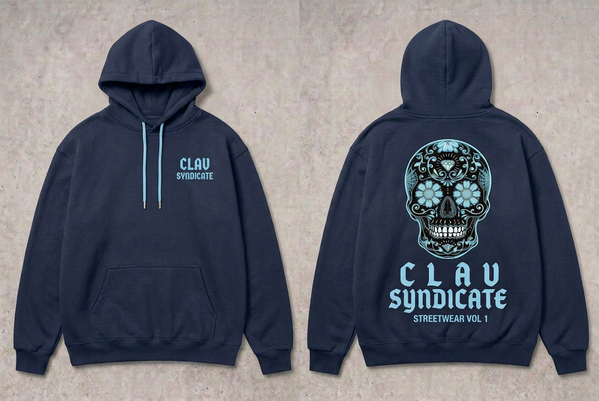 CLAV Syndicate Floral Calavera Pullover Hoodie - Navy / Light Blue