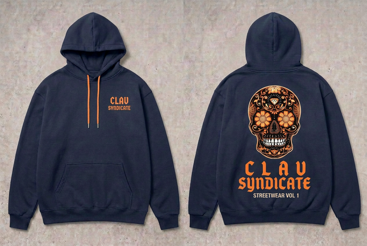 CLAV Syndicate Floral Calavera Pullover Hoodie - Navy / Orangec