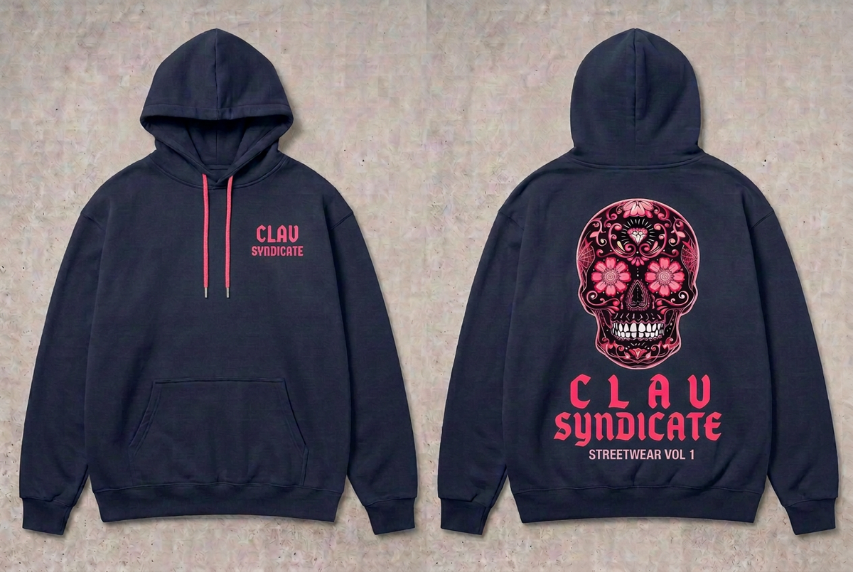 CLAV Syndicate Floral Calavera Pullover Hoodie - Navy / Pink