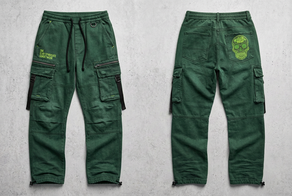 Raw forest-green C.L.A.V Syndicate cargos, front and back, with neon-green thigh branding and back-pocket calavera