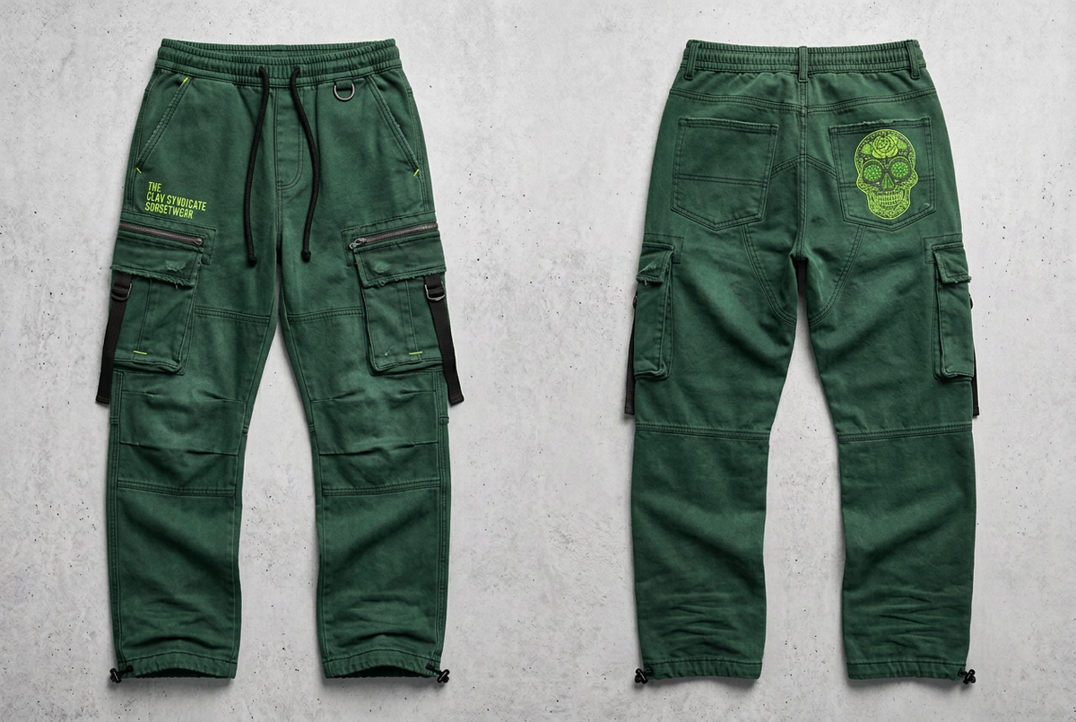 Raw forest-green C.L.A.V Syndicate cargos, front and back, with neon-green thigh branding and back-pocket calavera