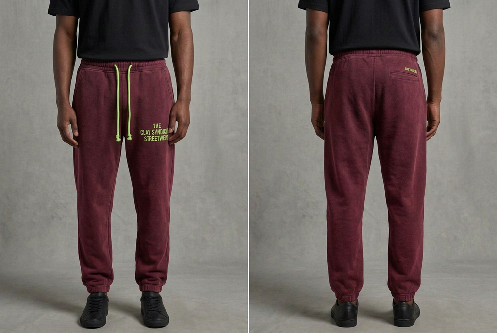 Rena burgundy C.L.A.V Syndicate-joggers med neongröna midjesnören och diskret text, på modell fram och bak