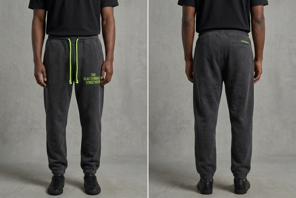 Rena charcoal/svarta C.L.A.V Syndicate-joggers med neongröna midjesnören och diskret text, på modell fram och bak