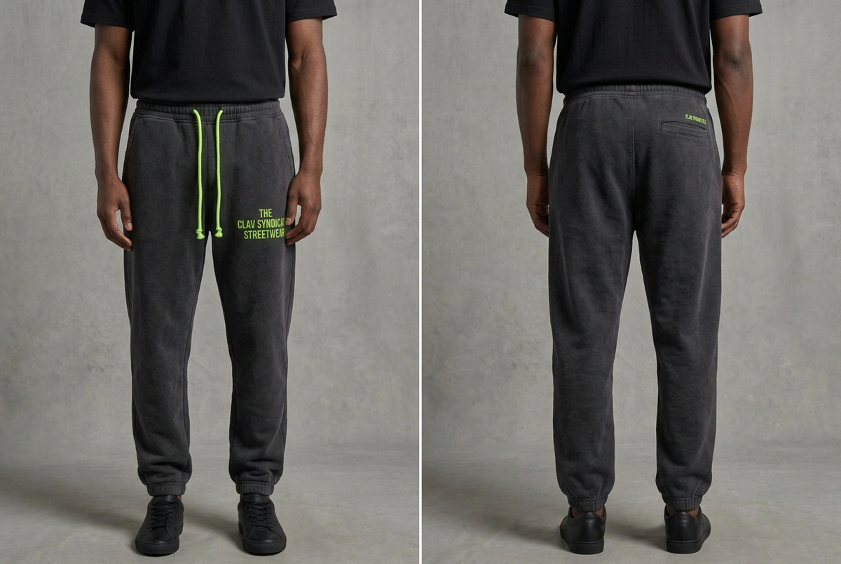 Rena charcoal/svarta C.L.A.V Syndicate-joggers med neongröna midjesnören och diskret text, på modell fram och bak