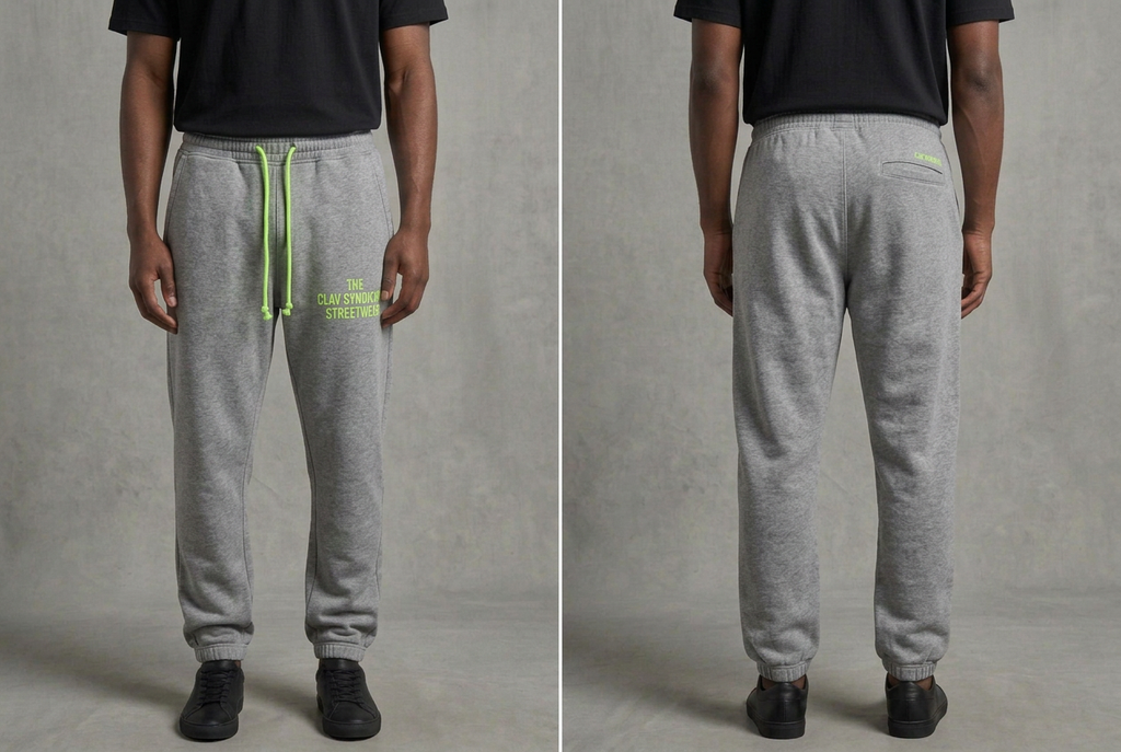Rena gråmelerade C.L.A.V Syndicate-joggers med neongröna midjesnören och diskret text, på modell fram och bak