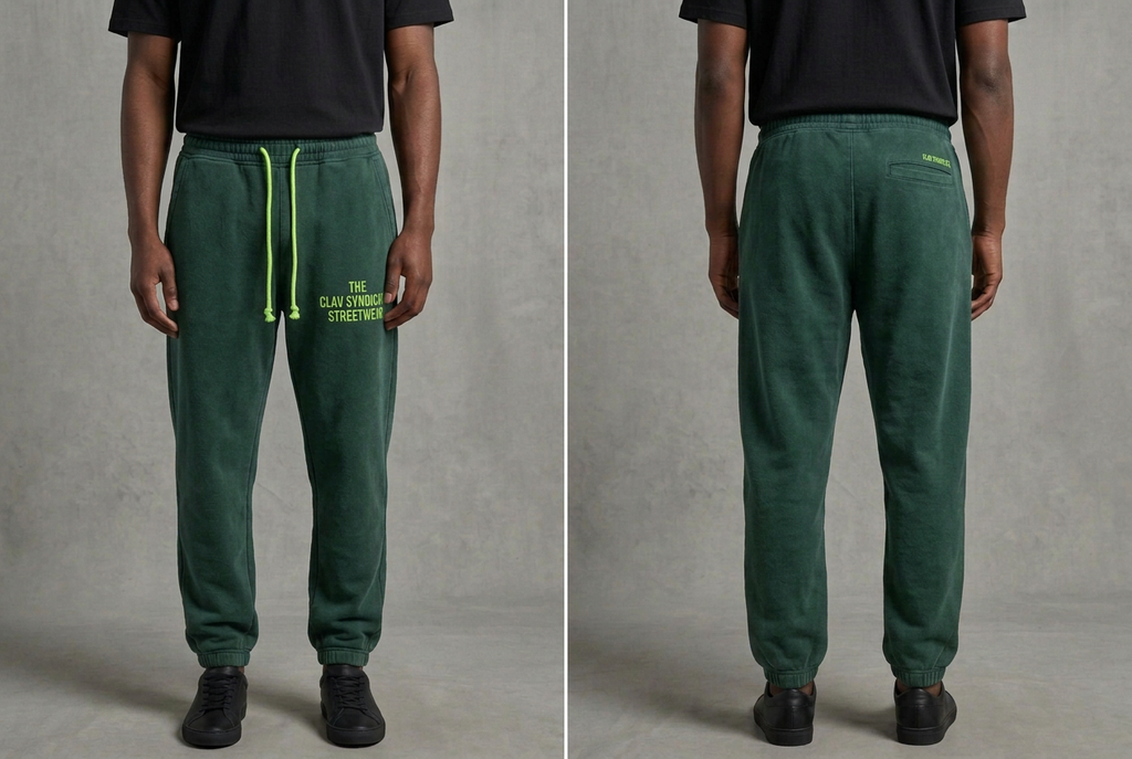 Rena skogsgröna C.L.A.V Syndicate-joggers med neongröna midjesnören och diskret text, på modell fram och bak