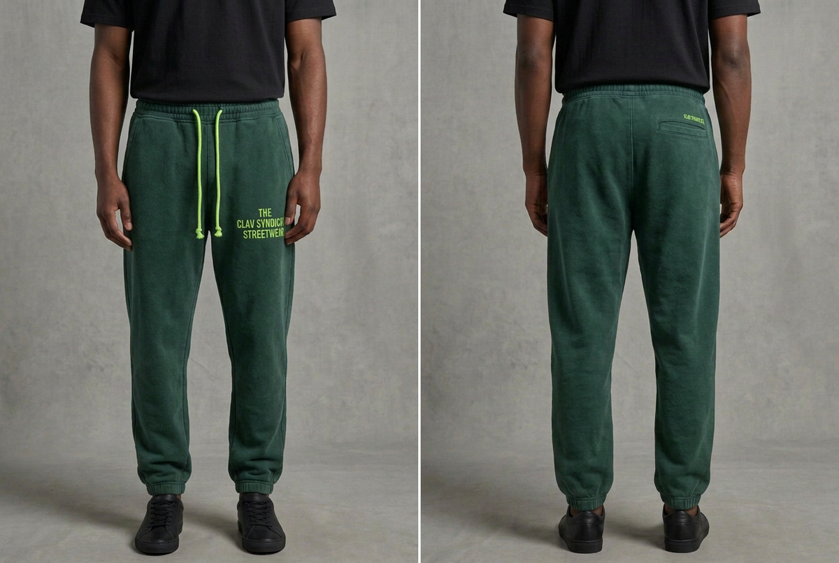 Rena skogsgröna C.L.A.V Syndicate-joggers med neongröna midjesnören och diskret text, på modell fram och bak