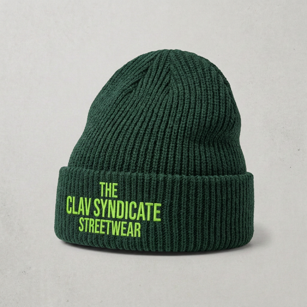 Skogsgrön C.L.A.V Syndicate-beanie med neongrön brodyr