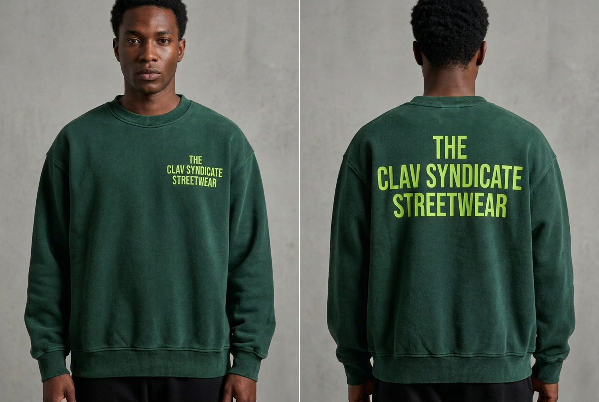 Skogsgrön C.L.A.V Syndicate-crewneck på modell, närbild fram och bak med neongrön text