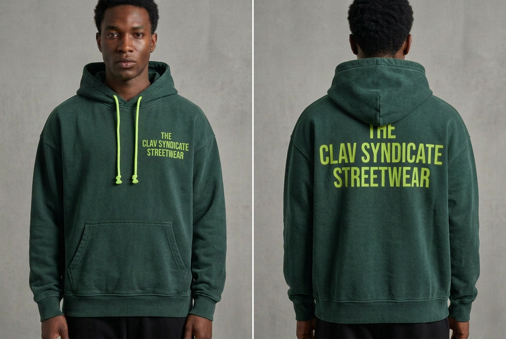 Skogsgrön C.L.A.V Syndicate-hoodie med neongröna snören och text, närbild fram och bak på modell