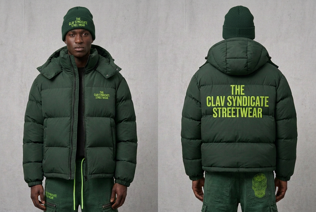 Skogsgrön C.L.A.V Syndicate-look med matchande grön mössa och neongrön branding, fram och bak