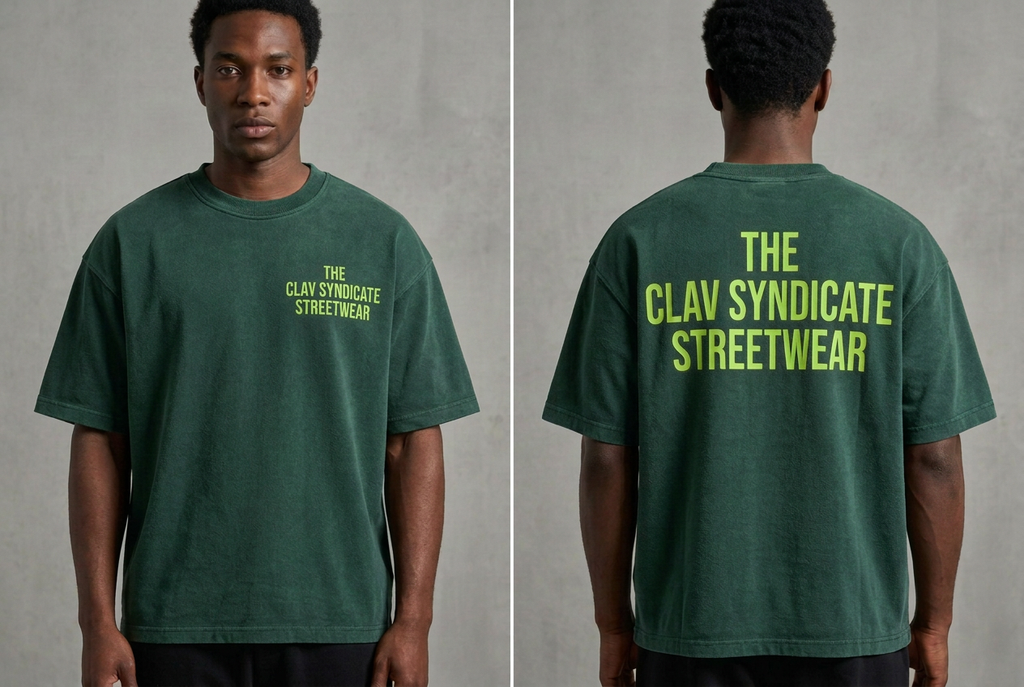 Skogsgrön C.L.A.V Syndicate-T-shirt på modell, närbild fram och bak med neongrön text