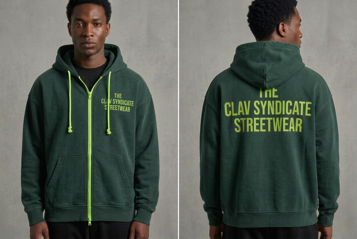 Skogsgrön C.L.A.V Syndicate-zip-hoodie med neongrön dragkedja, snören och text, på modell fram och bak